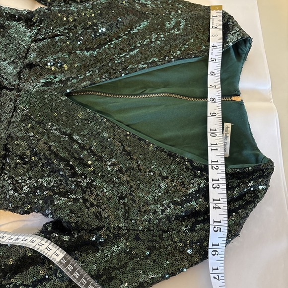 Charlotte Russe Emerald Sequin Dress Jr SzM Deep V Long Sleeve Mini Exposed Zip - Picture 5 of 14